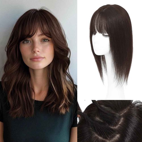 HVVZOY Hair Toppers for Women Real Human Hair,360°3D Big Basement Cover Topper for Women with Thinning Crown with Wispy Clip in Bangs Realistic Scalp (Dark brown, 3D Wispy Bangs 16INCH)