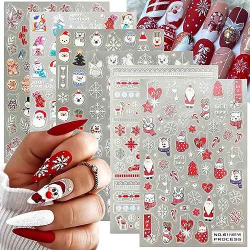 6Sheets Christmas Nail Stickers for Nail Art, 3D Snowflake Nail Decals Cute Cartoon Elk Santa Claus Snowman Penguin Deer Snowflakes Nail Art Stickers for Xmas Winter Decal New Year Manicure Decor