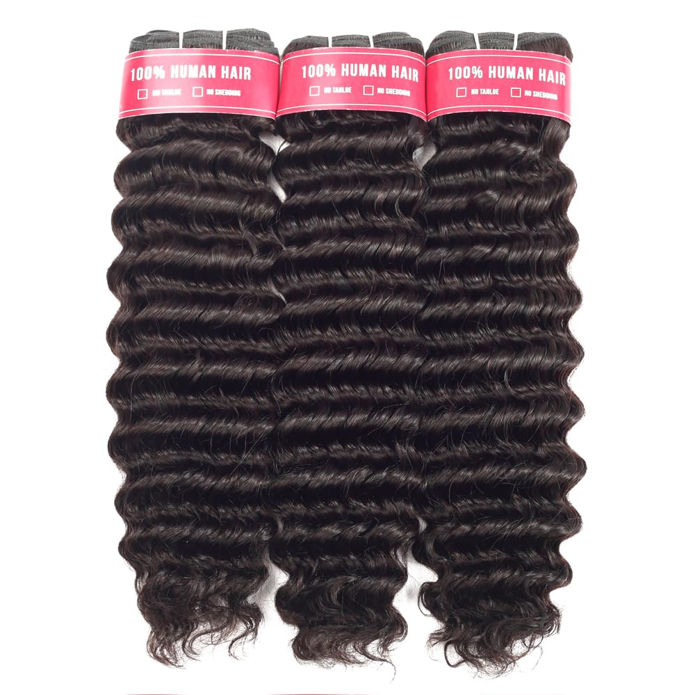 LUXEDIVA 12A Deep Wave Bundles Human Hair 16 18 20 Inchs Human Hair Bundle 100% Unprocessed Brazilian Curly Wet Wavy Texture 3 Bundles Deep Wave Natural Black