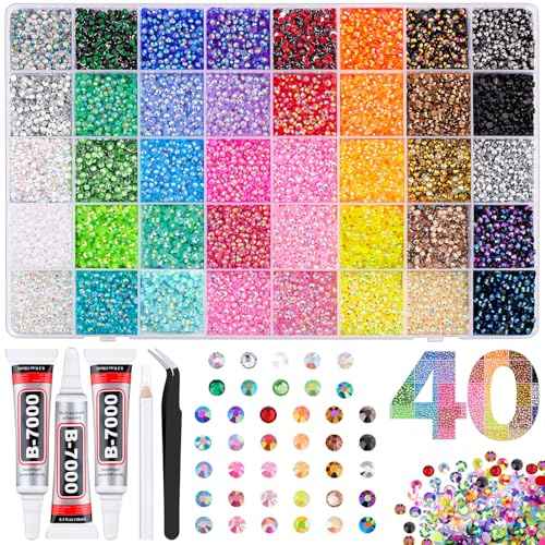 35000Pcs 40 Colors Jelly Rhinestones for Bedazzling, 3mm Multicolor Resin Flatback Gems for Diamond Art, Bedazzler Kit with 3Pcs 10ml B7000 Jewelry Glue for Crafting Book Shoes Nail Art
