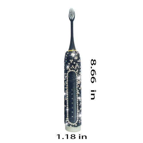 VFUIFRYI Electric Toothbrush for Woman Black Bling Diamond Decor Everyday Luxury Limited Edition Portable Travel Essentials for Women Black Toothbrush with 3 Replacement Heads 6 Modes