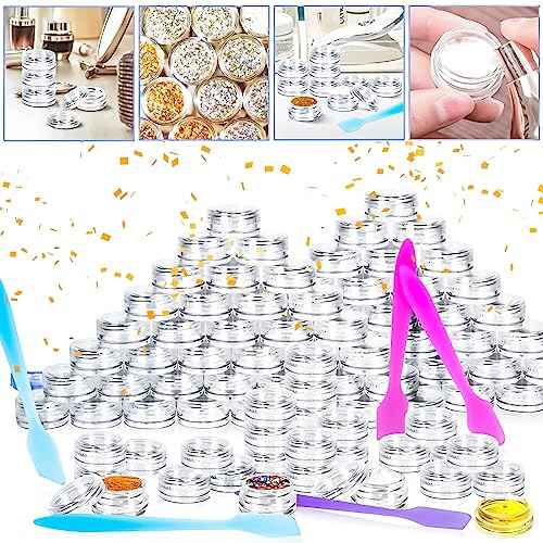 MotBach 100 Pcs 3g Empty Plastic Containers with Lids,Tiny Makeup Sample Containers Small Pot Jars Clear Round Cosmetic Jars with 20 Pcs Mini Spatulas for Liquid Sample Powder Creams (Clear Lid)