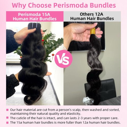 Perismoda Body Wave Human Hair Bundles 15A Raw Human Hair Bundles 100% Unprocessed Brazilian Virgin Human Hair Extensions 26 Inch 1 Bundle Quick Weave Hair Extensions Natural Color