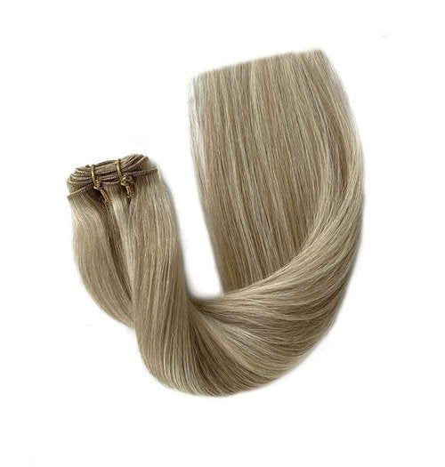 Sew in Hair Extension Real Human Hair, 18 inch 100g Hand Tied Weft Hair Extension Human Hair, Beige Blonde with Platinum Blonde Highlights Human Hair Extensions Sew in, Double Weft Bundles Human Hair