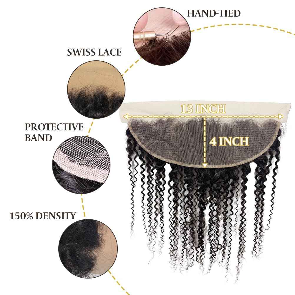13x4 Lace Frontal Closure Kinky Curly Ear to Ear HD Lace Frontal Pre Plucked with Baby Hair 18 Inch Free Part Brazilian Human Hair Extensions 150% Density Natural Black