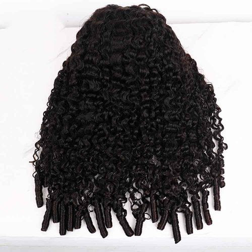Half Human Hair Wig for Women - 18 Inch Burmese Spirally Curly Glueless Clip-In Wig, 200% Density, No Glue No Sew, Natural Black Color, No Leave Out V Shape Wigs,Heat Resistant & Easy Install