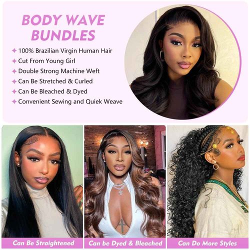 Body Wave Bundles Human Hair 18 20 22 24 Inch Human Hair Bundles 100% Unprocessed Brazilian Virgin Quick Weave 4 Bundle Human Hair Extensions for Black Women Natural Color