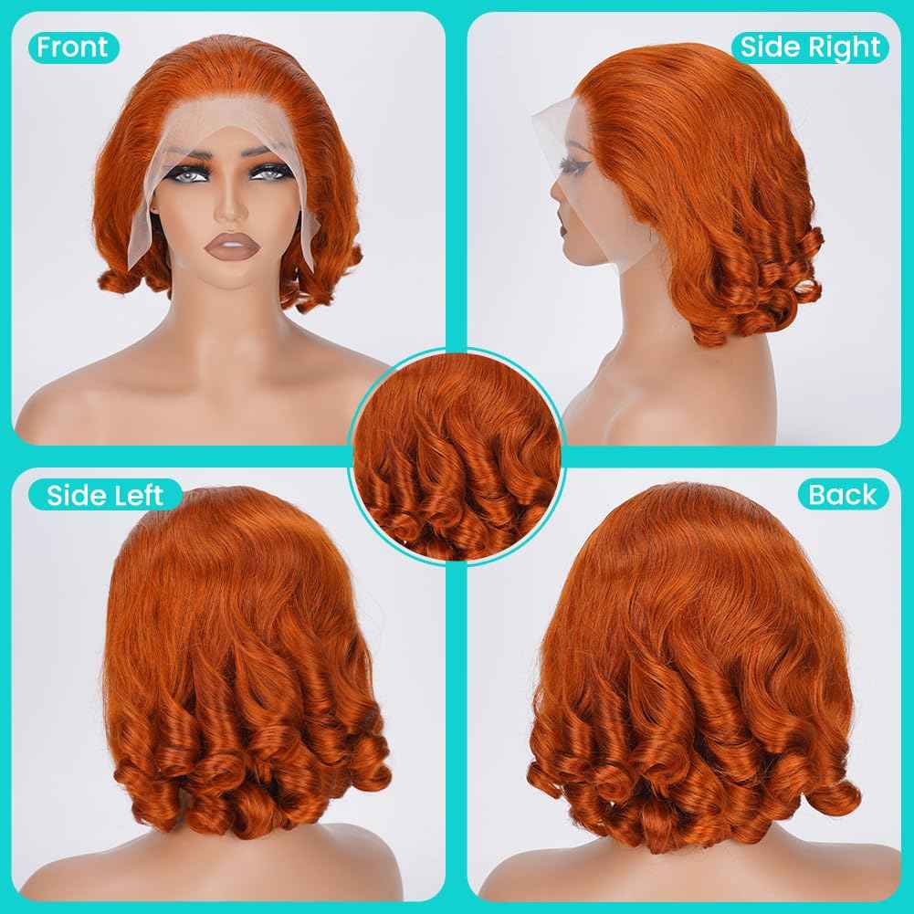 350 Ginger Orange Lace Front Wigs Human Hair Pre Plucked 13x4 Transparent HD Lace Frontal Wigs with Baby Hair Body Wave Bob Wig Human Lace Front Wigs for Black Women 180% Density 16 inch