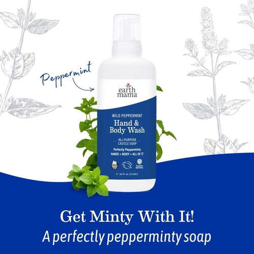 Earth Mama Wild Peppermint Hand & Body Wash | Foaming Hand Soap Refill, Castile Soap Liquid Made with Organic Wild Mint & Peppermint Oil, 34 fl oz (2-Pack)