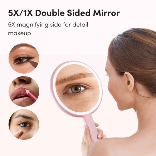 Fancii Cami Handheld Travel Makeup Mirror with Lights, Rechargeable, Extra Large, Double Sided 5X / 1X Magnifying Mirror - 3 Color Lighting, Handheld or Vanity (Strawberry Cream)