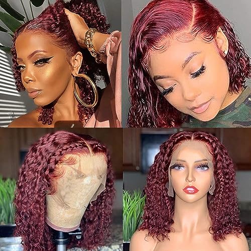 99j Burgundy Bob Lace Front Wigs Human Hair for Women 13x4 Hd Lace Frontal Short Curly Glueless Bob Wigs Pre Plucked Brazilian Remy Hair Wigs Wine Red Color 12 inch