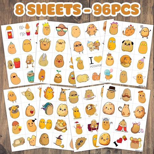 96PCS Potato Pre-cut Temporary Tattoos 8 Sheets Sweet Potato Party Decorations Supplies Favors Chip Potato Theme Birthday Cute Stickers Christmas Gifts for Boys Girls Class School Prizes Carnival