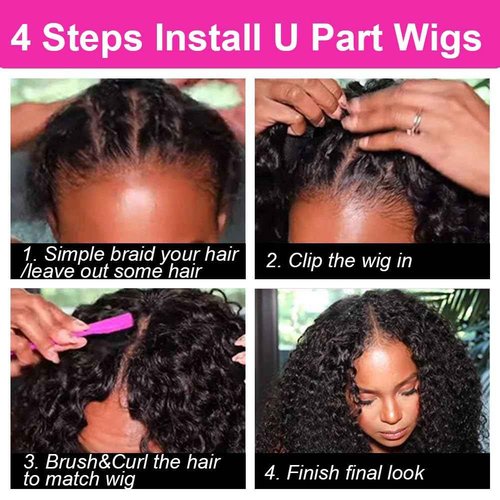 Yavida U Part Wig Human Hair Curly U Part Human Hair Wig 180% Density Unprocessed Virgin Human Hair U Part Wigs for Black Women Full Head Glueless Curly U Part Wig Human Hair Natural Black 26 Inch