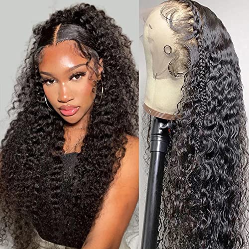 QinMei 13x4 HD Lace Front Wigs Human Hair Wigs for Black Women Deep Wave Glueless Wigs Pre Plucked With Baby Hair Curly Wave Human Hair Lace Frontal Wigs Natural Color 180% Density 18 Inch
