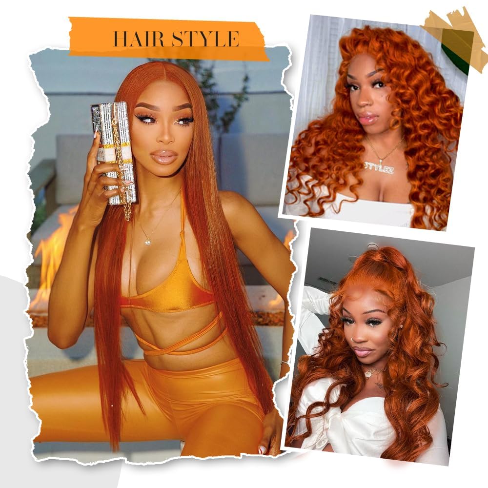 Ginger Lace Front Wigs Pre-Plucked with Baby Hair, 13x6 HD Body Wave Lace Frontal Wig, 180% Density Colored Glueless Orange Ginger Wig, 26 inch
