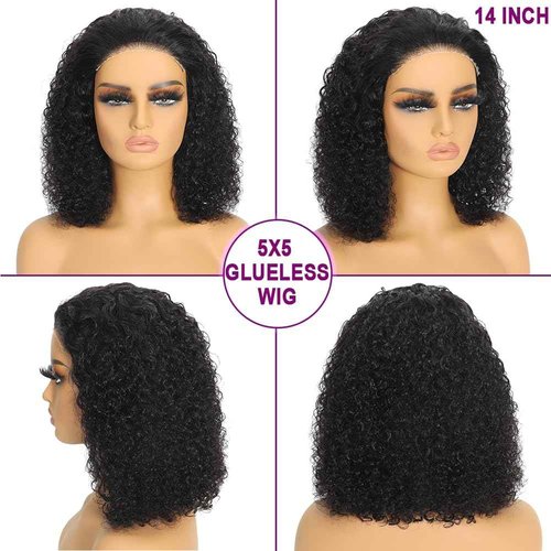 Curly Bob Wigs Human Hair Wear and Go Glueless Bob Wig Human Hair Pre Plucked Pre Cut 5x5 HD Lace Closure Wigs for Black Women Deep Wave Lace Front Short Curly Wigs 180 Density Natural Black 12 Inch