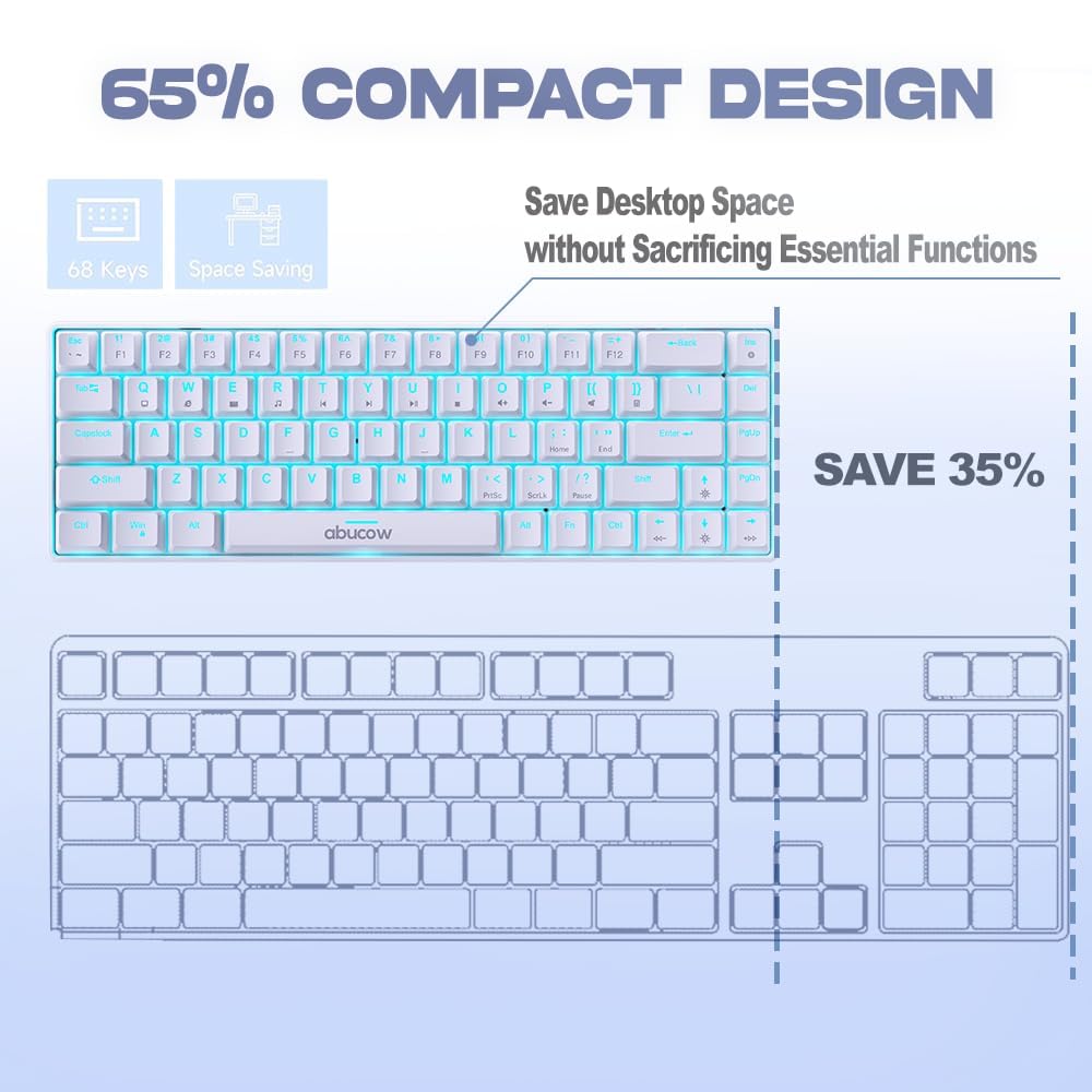 abucow 60% Mechanical Gaming Keyboard, Black Switch Wired Compact Keyboard with Blue Backlight, Swappable White Keycaps, for Windows/Mac