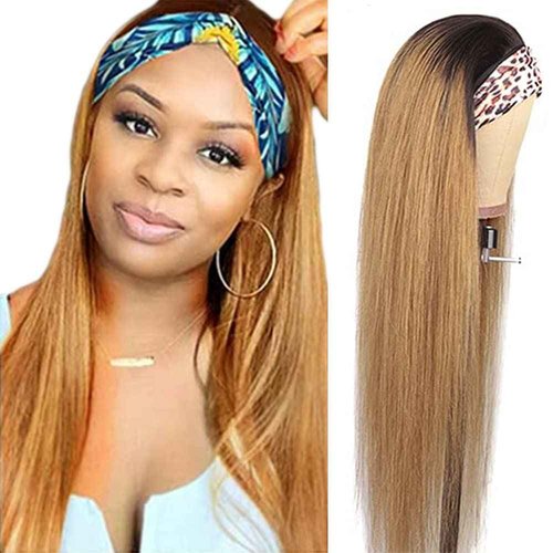 Ombre 1B27 Straight Headband Wig Honey Blonde Human Hair Wig Dark Root 130% Density Brazilian Virgin Hair Machine Made Wigs for Women 20 Inch
