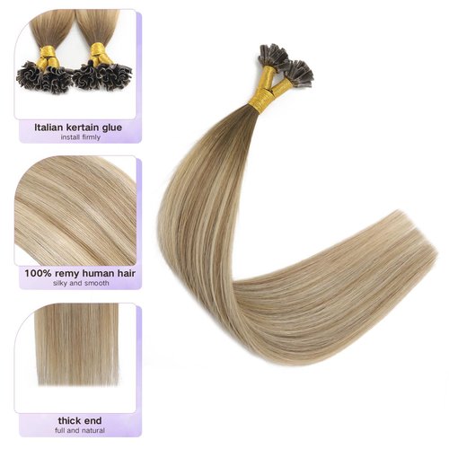 Sindra Keratin Nail Extension Tips Real Human Hair Balayage Darker Brown to Highlighted Blonde 18inch 50 Strand 50G Prebonded Fusion U Tip Hair Extensions Human Hair（Utip#3/8/22-18inch）