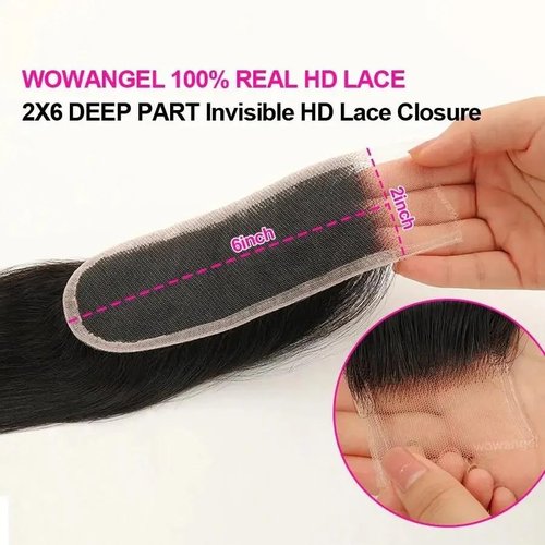 WOWANGEL 2x6 SKINLIKE Real HD Lace Closure, Undetectable HD Film Lace Unprocessed Straight Human Hair Closure Bleached Knots Pre Plucked Super Invisible Lace Closure Natural 20 Inch