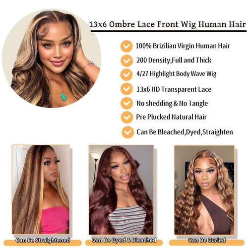 Sunelk Highlight Wig 200 Density 13x6 Lace Front Wigs Human Hair 24 Inch Ombre Body Wave Lace Front Wigs Human Hair Pre Plucked Honey Blonde Wig HD Lace Frontal Glueless Wig for Women