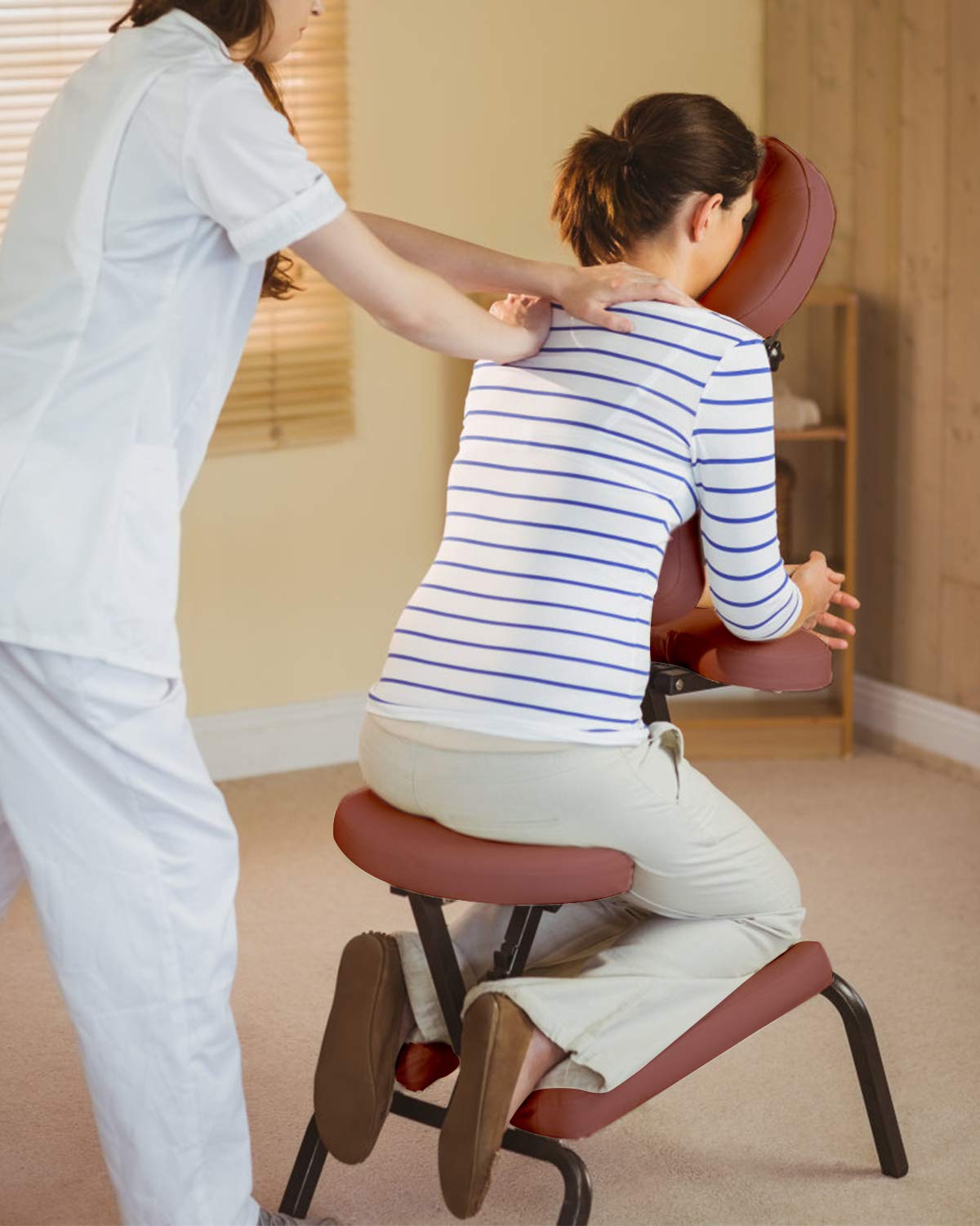 PayLessHere Massage Chair Portable Tattoo Chair Folding Height Adjustable 2 Inch Thick Sponge Light Weight Therapy Chairs Carring Bag Face Cradle Travel Spa Chairs,Burgundy