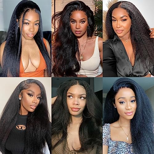 Kinky Straight Wig Human Hair 14 inch Glueless Kinky Straight 13x4 Lace Front Wig Pre Plucked HairLine with Baby Hair 180% Density Yaki Straight Wigs Natural Black Color
