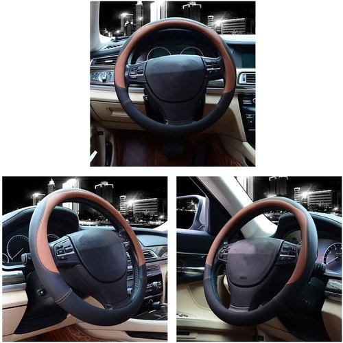 Valleycomfy Microfiber Leather Steering Wheel Covers Universal 15 inch (Brown