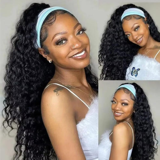 Long Headband Wig Human Hair Deep Wave Human Hair Wigs for Women Curly Half Wig None Lace Front Wigs 180% Density 26 Inch Brazilian Virgin Hair Natural Black Color