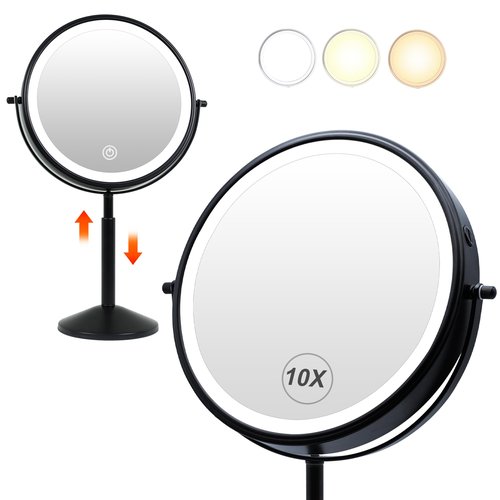 TUSHENGTU 9" Black Magnifying Vanity Mirror - Height Adjustable, Rechargeable, 360 Double Sided with 3 Color Lights