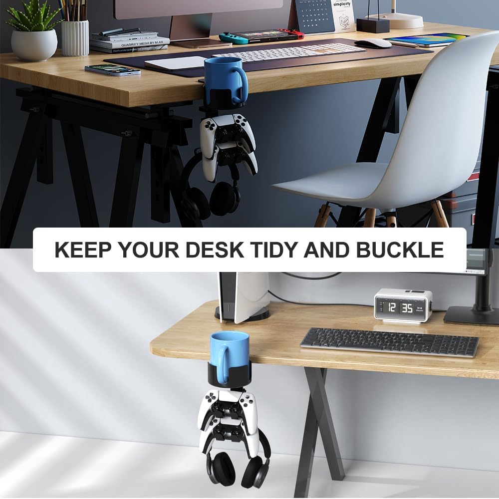 360° Rotating Controller Headphone Holder - Larger Desk Cup Holder with Adjustable Headset Hanger Controller Stand | Clamp On Desk Organizer | Gaming Desk Pc Accessories