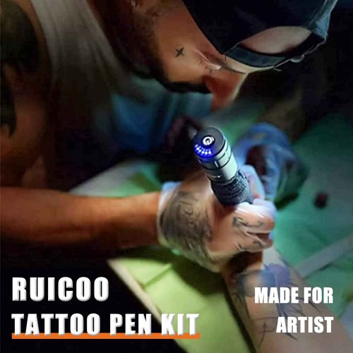 Tattoo Pen Kit - Ruicoo Tattoo Rotary Machine Kit Wireless Machine Pen Kit (Red) Carrying Case with Tattoo Cartridge Needles Tattoo Practice Skin for Tattoo Artists and Suppliers