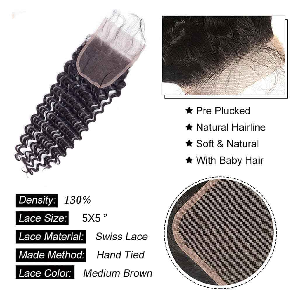 GOSSVOL Deep Wave Bundles with Closure Human Hair 20 22 24 inch Wavy Curly Hair Extensions 5x5 HD Lace Closure Free Part 100% Unprocessed Virgin Hair with Closure