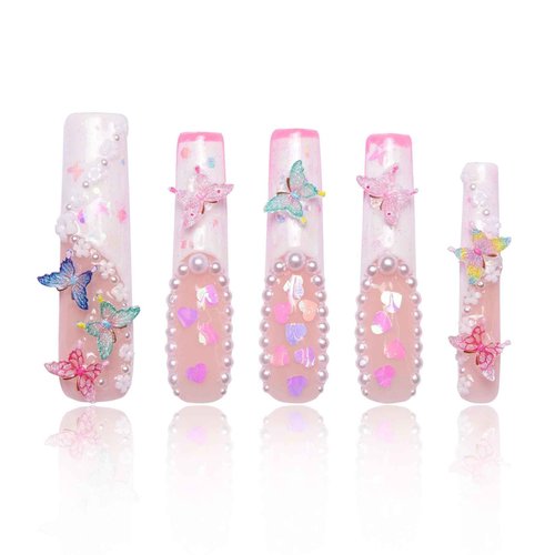 LOVFUL Press on Nails Tipsy Butterfly | Handmade with Full Covered Crystals | Reusable Full Cover Nails | Square Long 2.2 in | H184-M