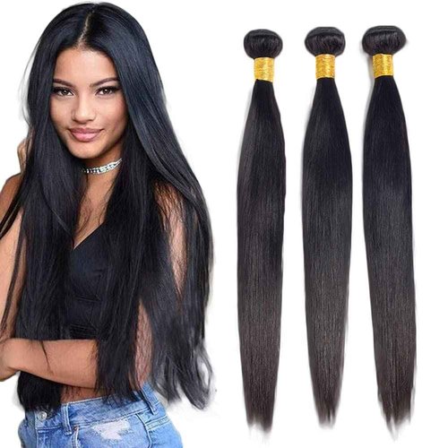 Human Hair Bundles Straight Bundles 26 28 30 Inch Unprocessed Brazilian Virgin Hair Weave 3 Bundles Straight Human Hair Extensions #1B Natural Color Bundle 50 Grams Per Bundle