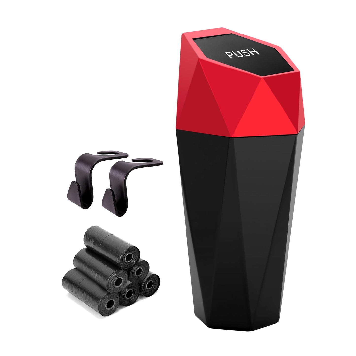 Ginsco Car Trash Can Cup Holder, Mini Car Trash Can with Lid, Car Accessories for Interior, Leakproof Small Trash Cup for Car, Home with Additional 2 ABS Hooks and 90pcs Trash Bags Red