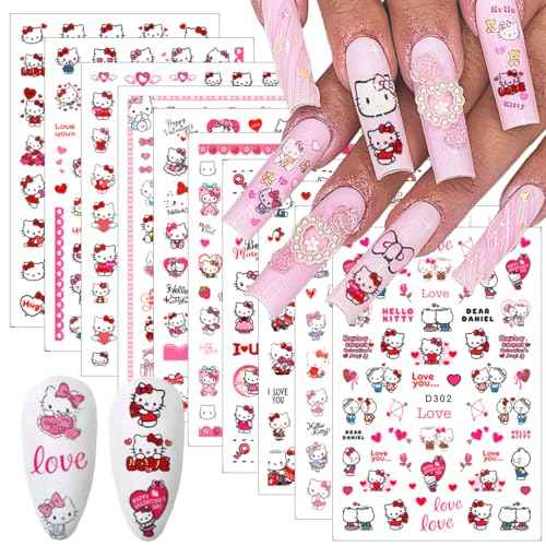 10 Sheets Valentines Nail Art Stickers Cute Nail Stickers 3D Self-Adhesive Cute Heart Nail Art Design Kawaii Nails Supplies Cartoon Nail Decals for Women Girls DIY Manicure Chrams