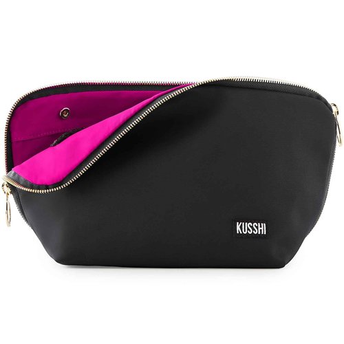 KUSSHI Washable Travel Makeup & Cosmetic Bag - Brush Organizer Sold Separately (Signature, Satin Black/Pink)