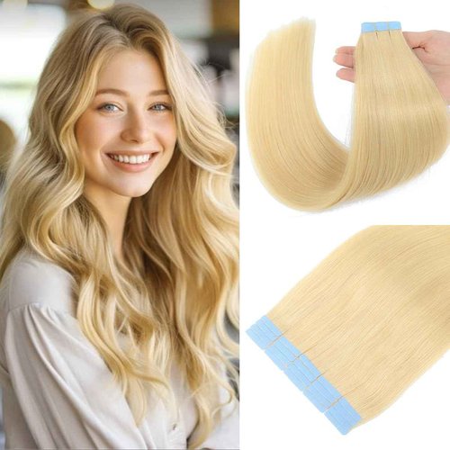 Tape in Hair Extensions Human Hair 100% Remy Hair 20pcs 50g/Pack Straight Seamless Invisible Skin Weft Extensions Easy to Apply and Style (#613 Bleach Blonde, 24 Inch)