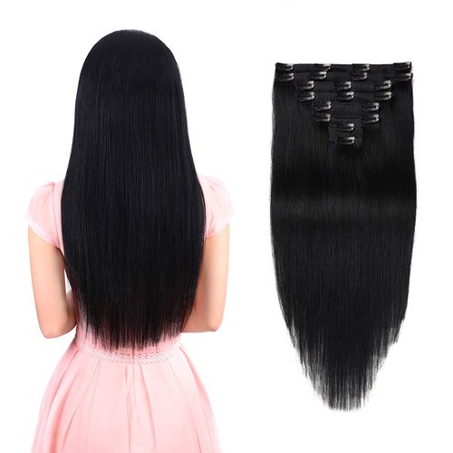 Real Clip in Hair Extensions Black 8 Pieces - Premium Womens Straight Double Weft Thick Remy Hair Extensions Clip in on Human Hair for Long Hair (20" / 20 inch, #1, 122 grams/4.3 Oz)