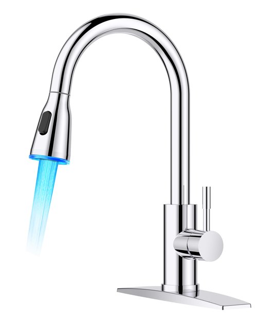 FORIOUS LED Kitchen Faucet with Pull Down Sprayer, Chrome Single Handle Stainless Steel Traditional Sink Faucets with LED Light Sprayer Head, Suitable for Farmhouse Laundry Camper Rv Bar