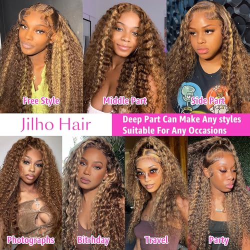 Water Wave Lace Front Wigs Human Hair 13x6 Ombre Honey Blonde Frontal Wig 200 Density P4/27 Highlight Colored Curly Wet and Wavy Lace Front Wigs Glueless Pre Plucked with Baby Hair (22 Inch)