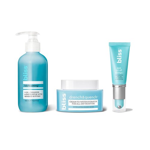 Bliss Skincare Essentials Skincare Kit - Eye Do All Things Hydrating Eye Gel, Drench & Quench Hyaluronic Acid Face Moisturizer & 2-in-1 Foaming Facial Cleanser and Exfoliator