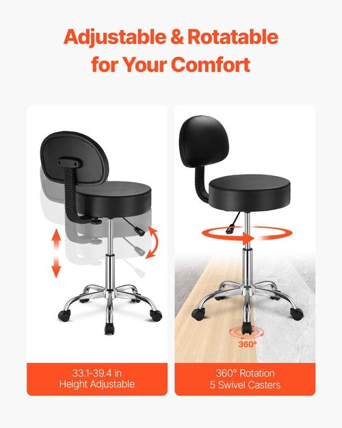 VEVOR 450 LBS Weight Capacity Round Rolling Stool Chair, Height Adjustable Thickened PU Leather Swivel Stool for Salon, Spa, Massage, Tattoo, Clinic, Black