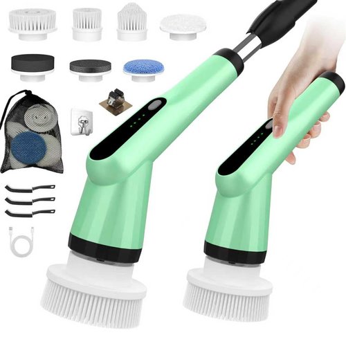 Electric Spin Scrubber, Shower Scrubber with Long Handle Adjustable, 2 Speed & 7 Replaceable Brush Heads Shower Cleaner Brush, Electric Scrubber for Cleaning Bathroom Tile Floor Bathtub Green