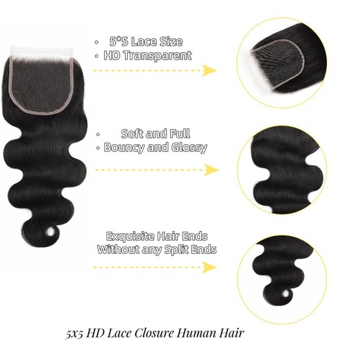 5x5 HD Lace Closure Body Wave Transparent HD Lace Closure Human Hair 12A Brazilian Virgin Human Hair Closure Free Part Pre Plucked with Baby Hair Natural Color 22 Inch