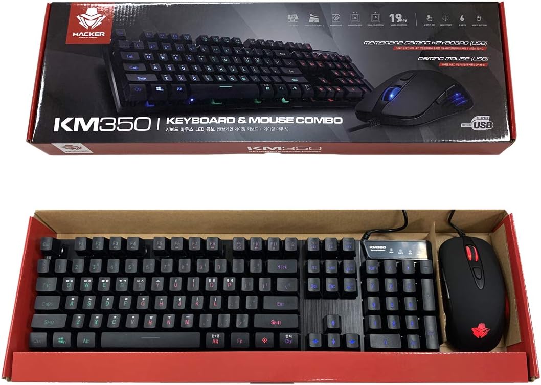 ABKO KM350 Desktop Keyboard & Mouse Gaming Combo Rainbow LED, 19 Key Anti-Ghosting, Max 3200 DPI English/Korean Type