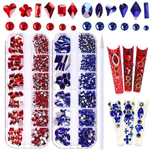 1620pcs Blue Nail Rhinestones Red Rhinestones for Nails Flat Back Crystal Gems Stones Glass Beads Multi Shaped Sized Diamonds Colored Rhinestones for Nails DIY Crafts Clothes Shoes Jewelry