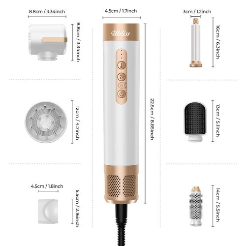 UKLISS Hair Dryer Brush 7 in 1，110000 RPM Hair Dryer with Diffuser for Curly & Twisted Hair Professional Ionic Brush Blow Dryer for Salon-Quality Styling, White Gold
