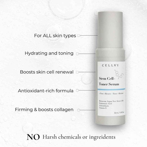 CELLVY Korean Stem Cell + Toner Serum w/Moroccan Argan Tree Stem Cells, Hyaluronic Acid & Antioxidants, Firming, Hydrating, Anti-Aging, Boosts Collagen Production, Cooling w/Aloe Vera